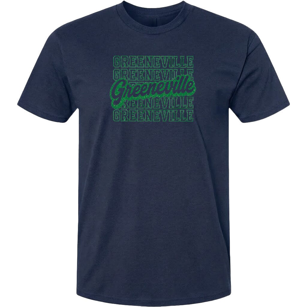 A navy blue t-shirt with the text "Greenville" printed in green on it.