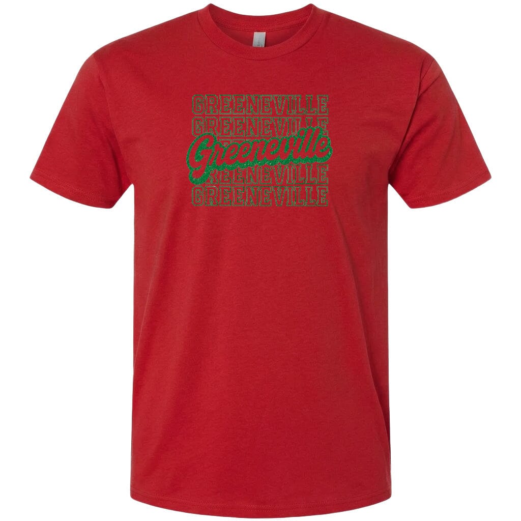 A red t-shirt with a graphic design featuring the text "Greenville" in green and red colors.