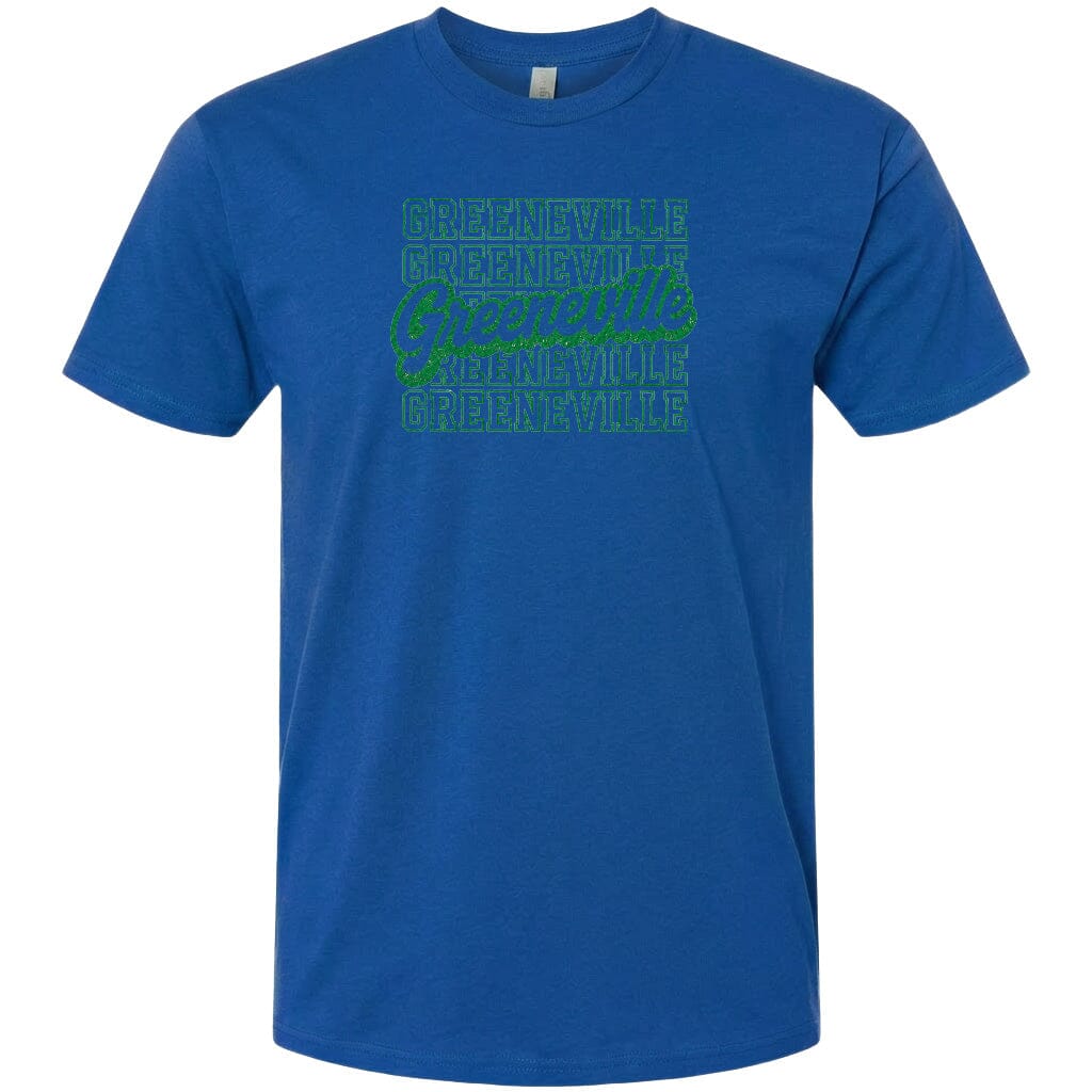 A blue t-shirt with a graphic design featuring the text "Greenville" repeated in a pattern across the front.