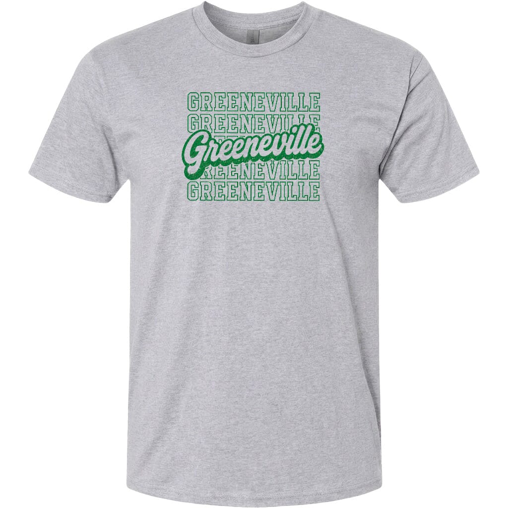 A gray t-shirt with the text "GREENVILLE" printed in green and white.