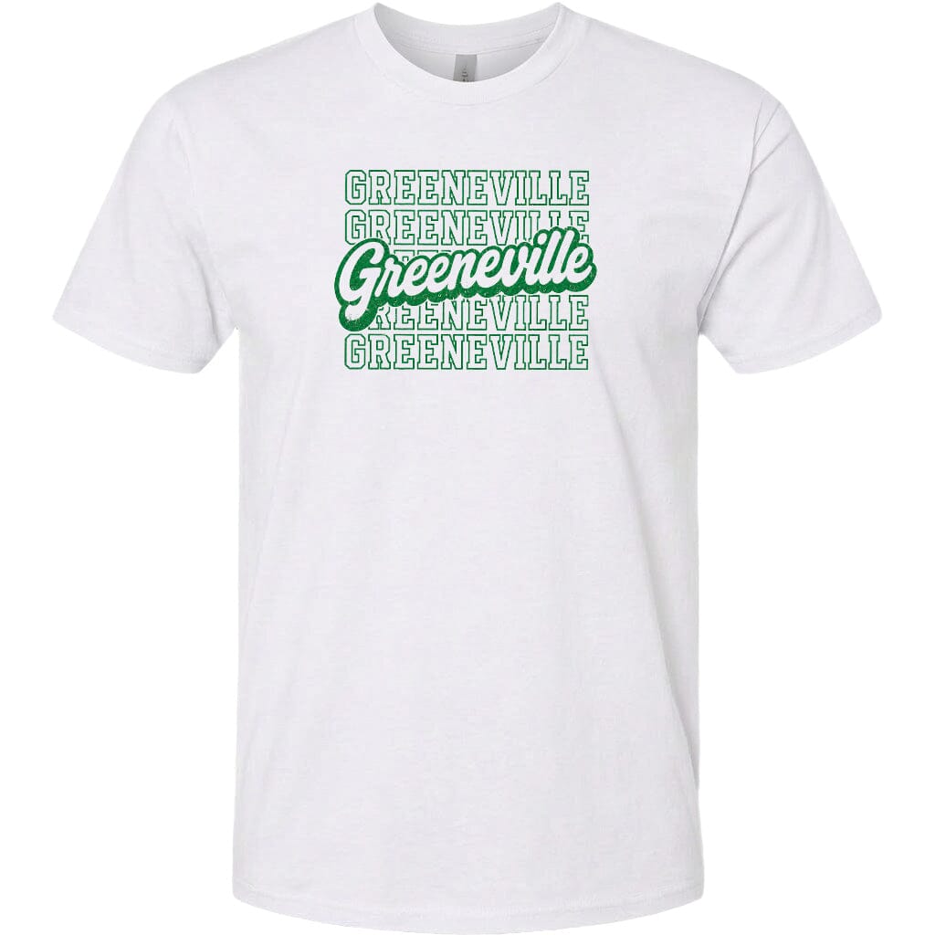 A white t-shirt with the text "GREENVILLE" printed in green letters.