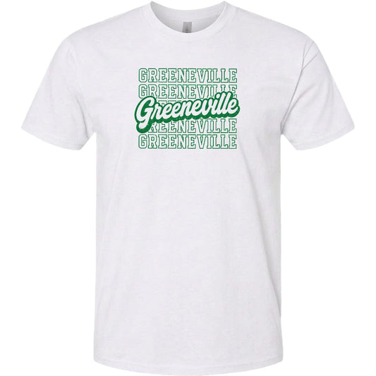 A white t-shirt with the text "GREENVILLE" printed in green letters.