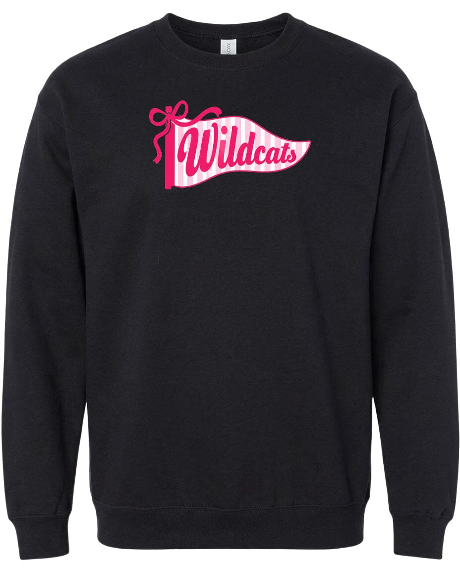 A black sweatshirt with a pink and white banner design featuring the word "Wildcats" on it.