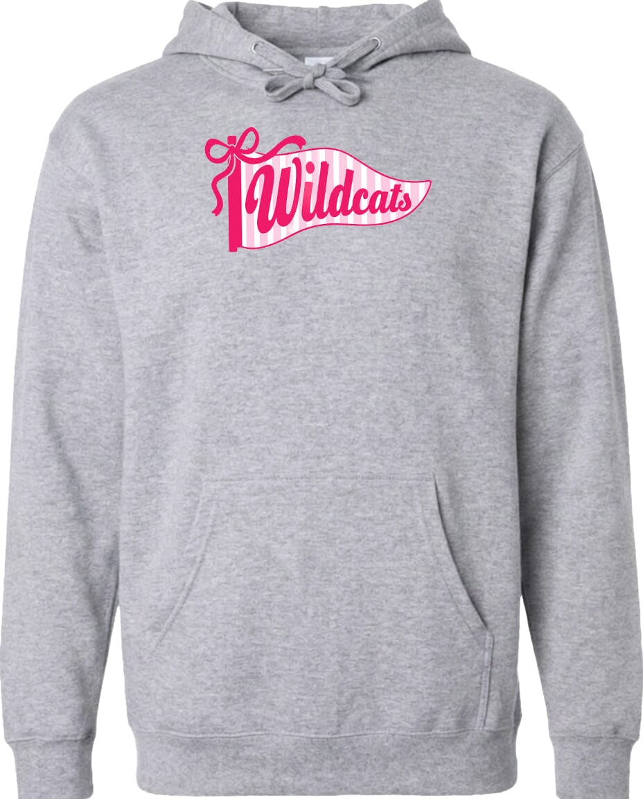 A gray hoodie with a pink and white banner that says "Wildcats" on it.