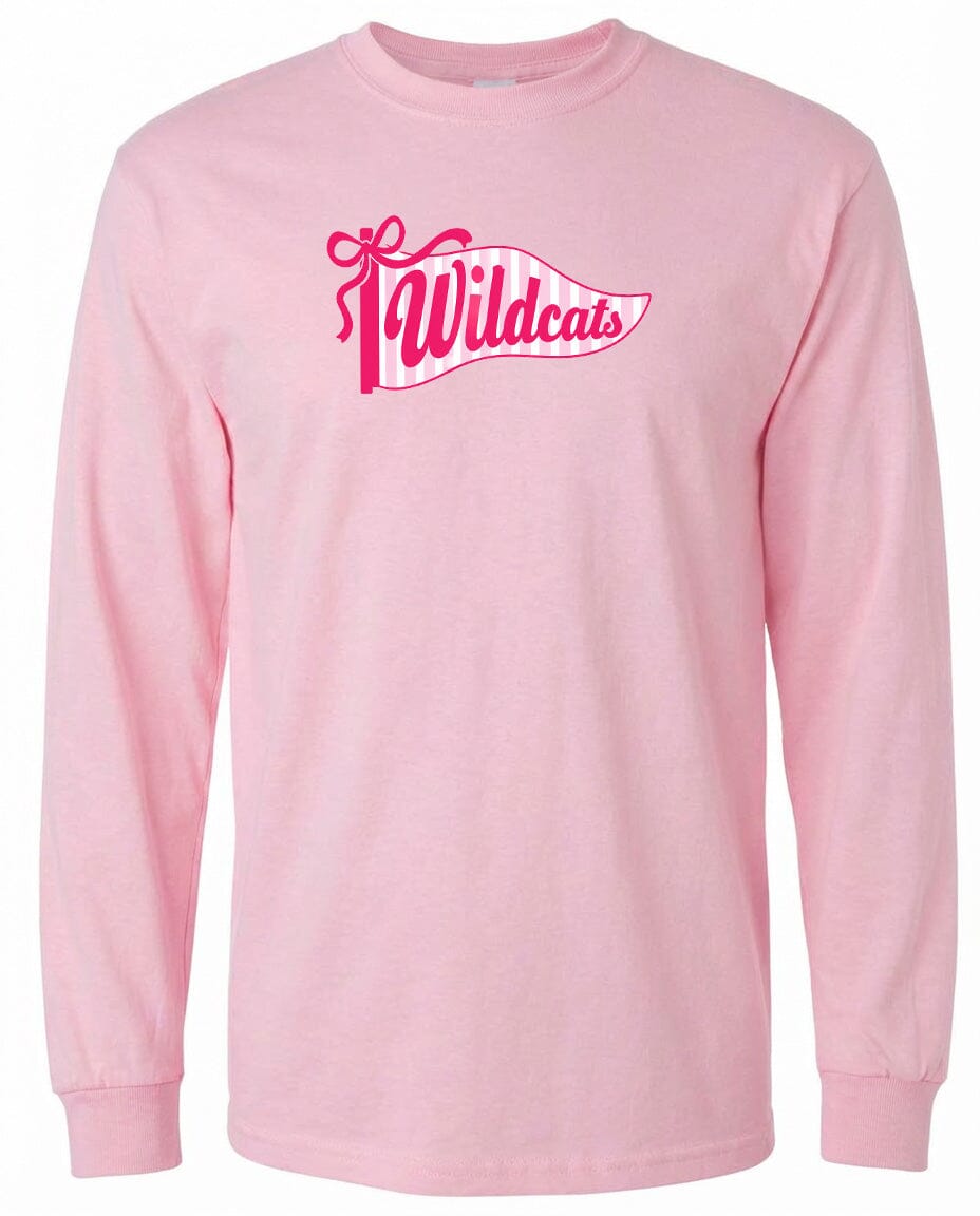 A pink long-sleeved t-shirt with a graphic design featuring the text "Wildcats" in a stylized font.