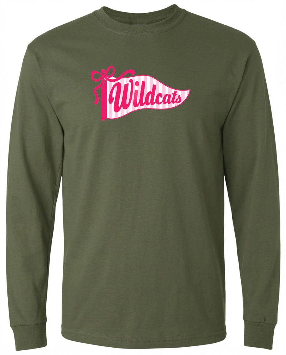 A long-sleeved olive green t-shirt with a pink graphic design featuring the text "Wildcats" and a decorative ribbon.