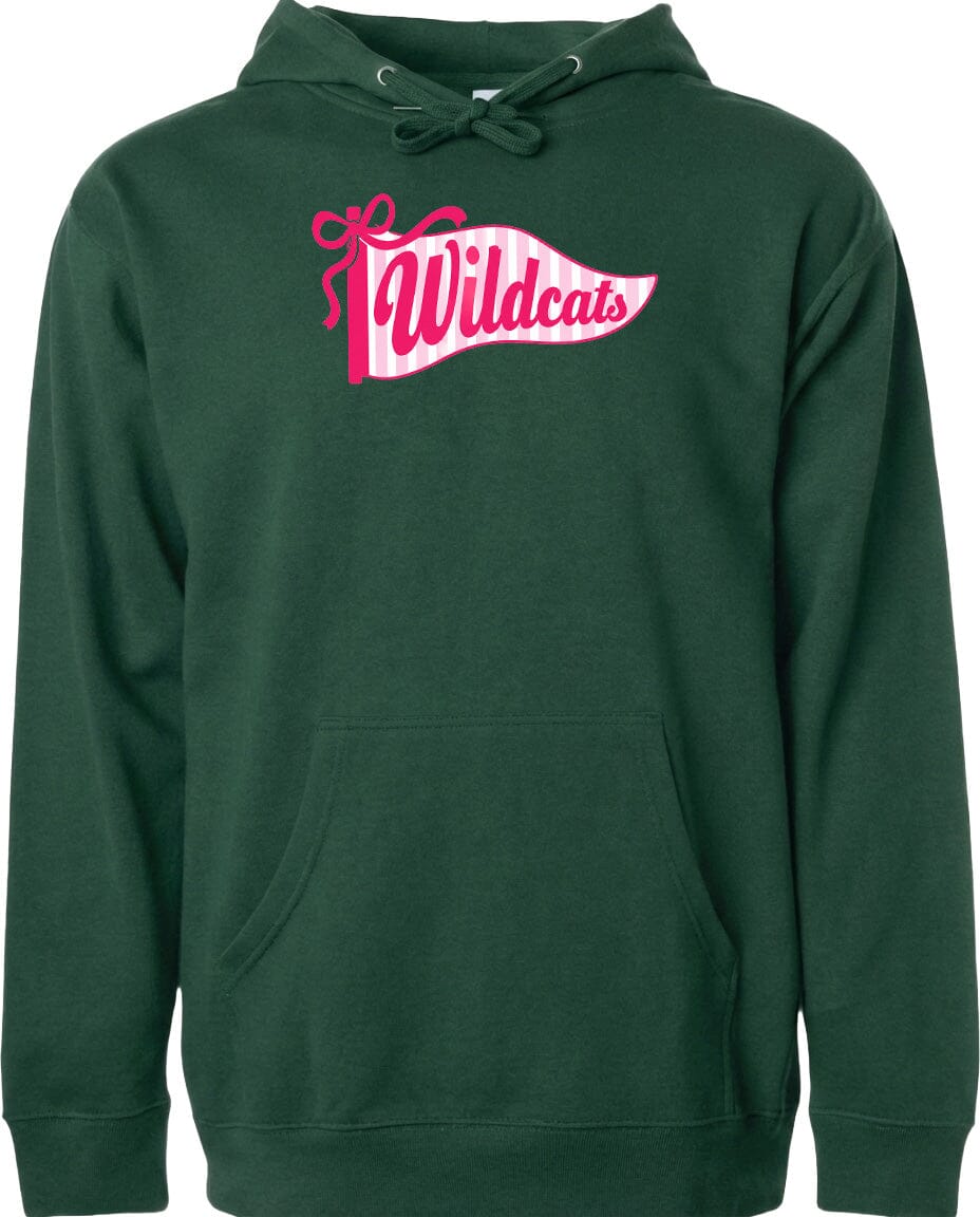 A dark green hoodie with a pink and white banner that says "Wildcats" on it.