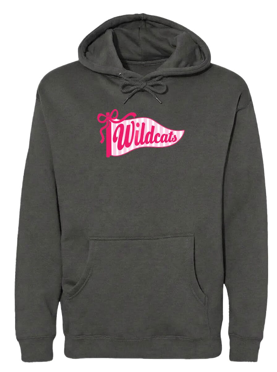 A gray hoodie with a pink and white banner that says "Wildcats" on it.