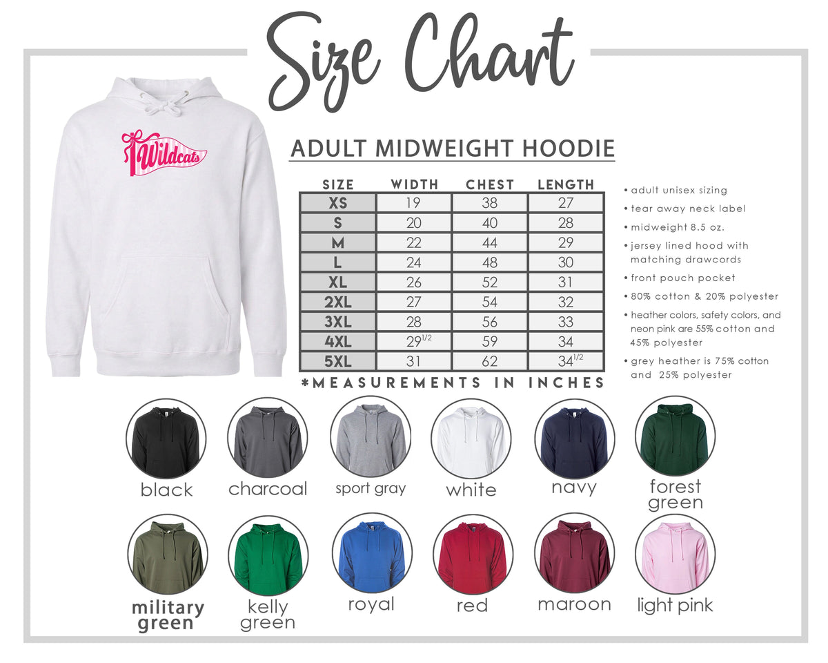 The image is a size chart for an adult midweight hoodie, including various color options and corresponding measurements in inches.