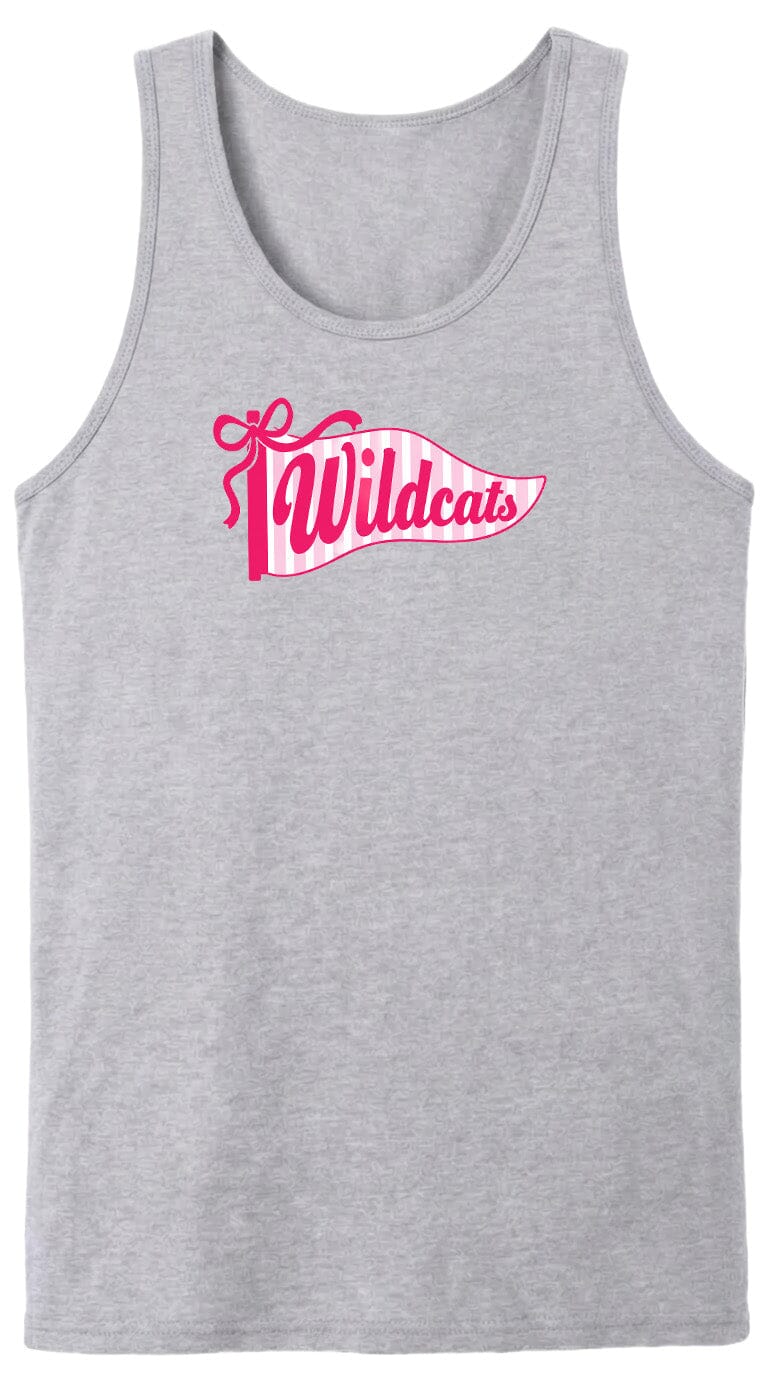 A gray tank top with a pink and white graphic design featuring the word "Wildcats" on it.