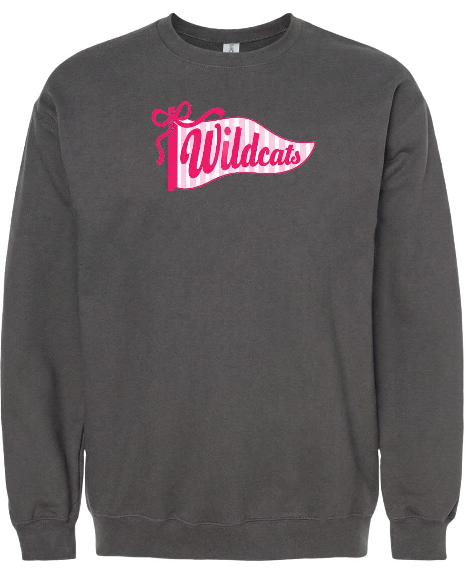 A gray sweatshirt with a pink and white banner design that says "Wildcats".
