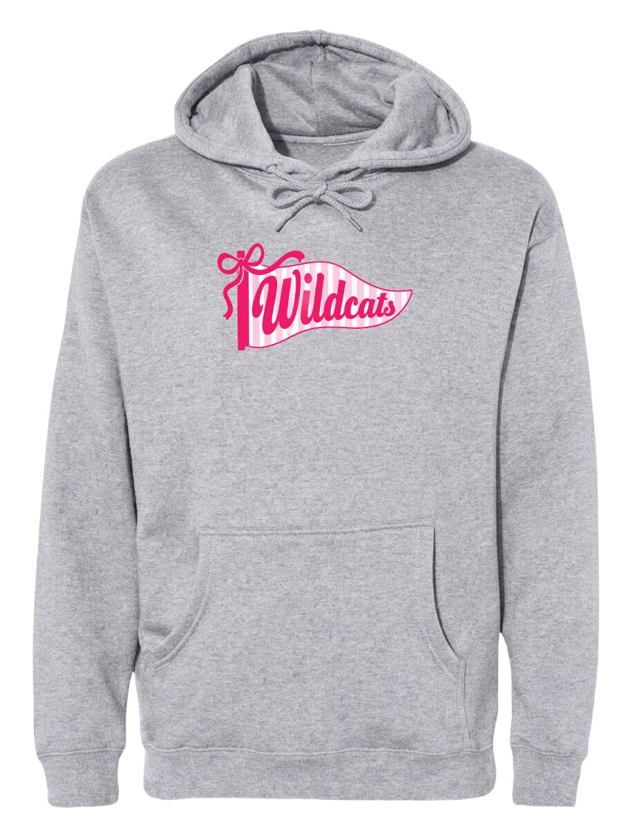 A gray hooded sweatshirt with a pink and white banner design featuring the word "Wildcats" printed on it.