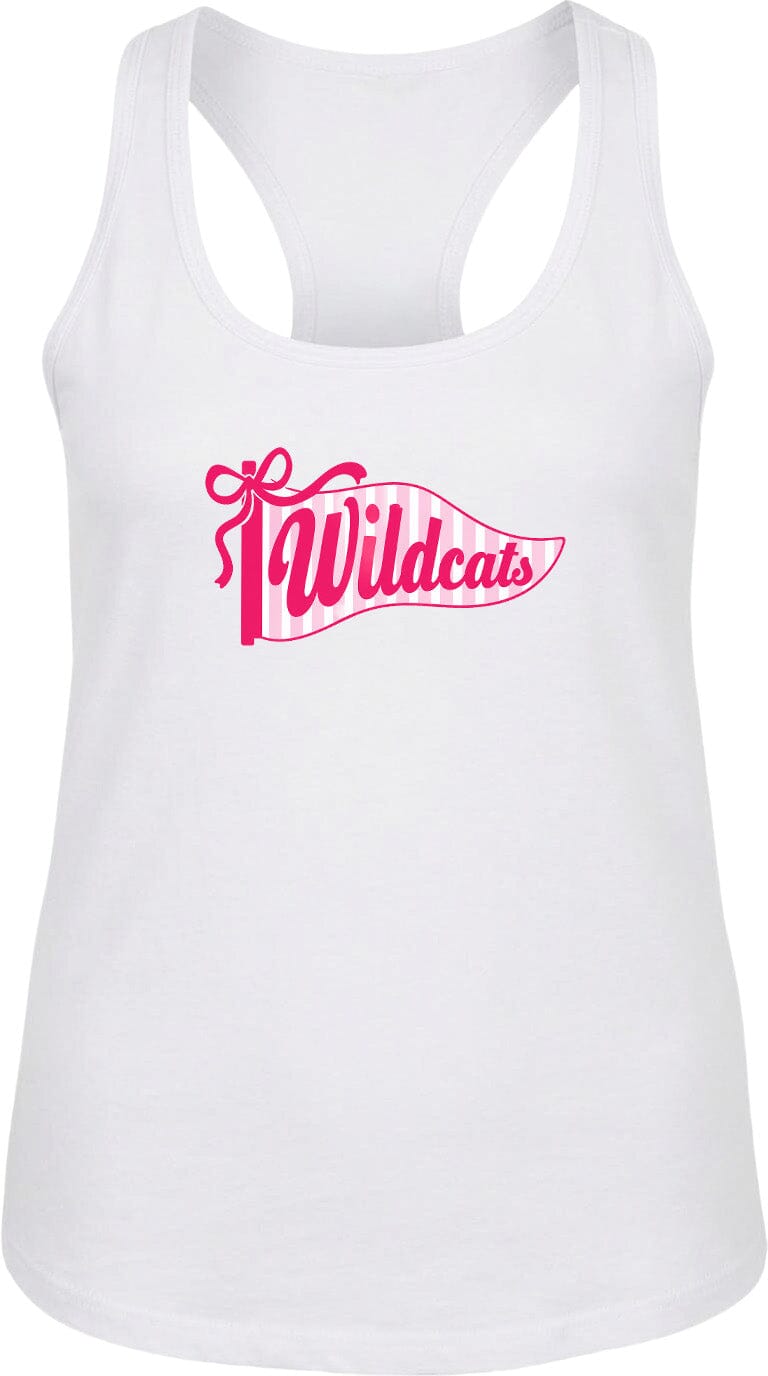 A white tank top with a pink and white banner design that says "Wildcats".