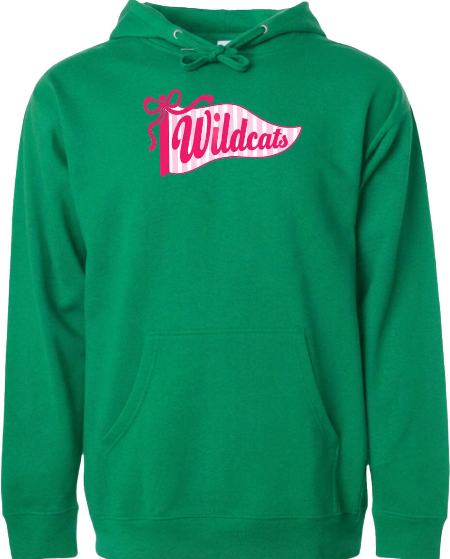 A bright green hoodie with a pink and white banner that says "Wildcats" on it.
