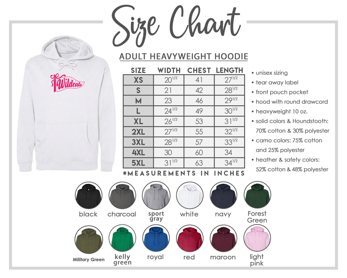 The image is a size chart for an adult heavyweight hoodie, showing the different sizes available and their corresponding measurements in inches.