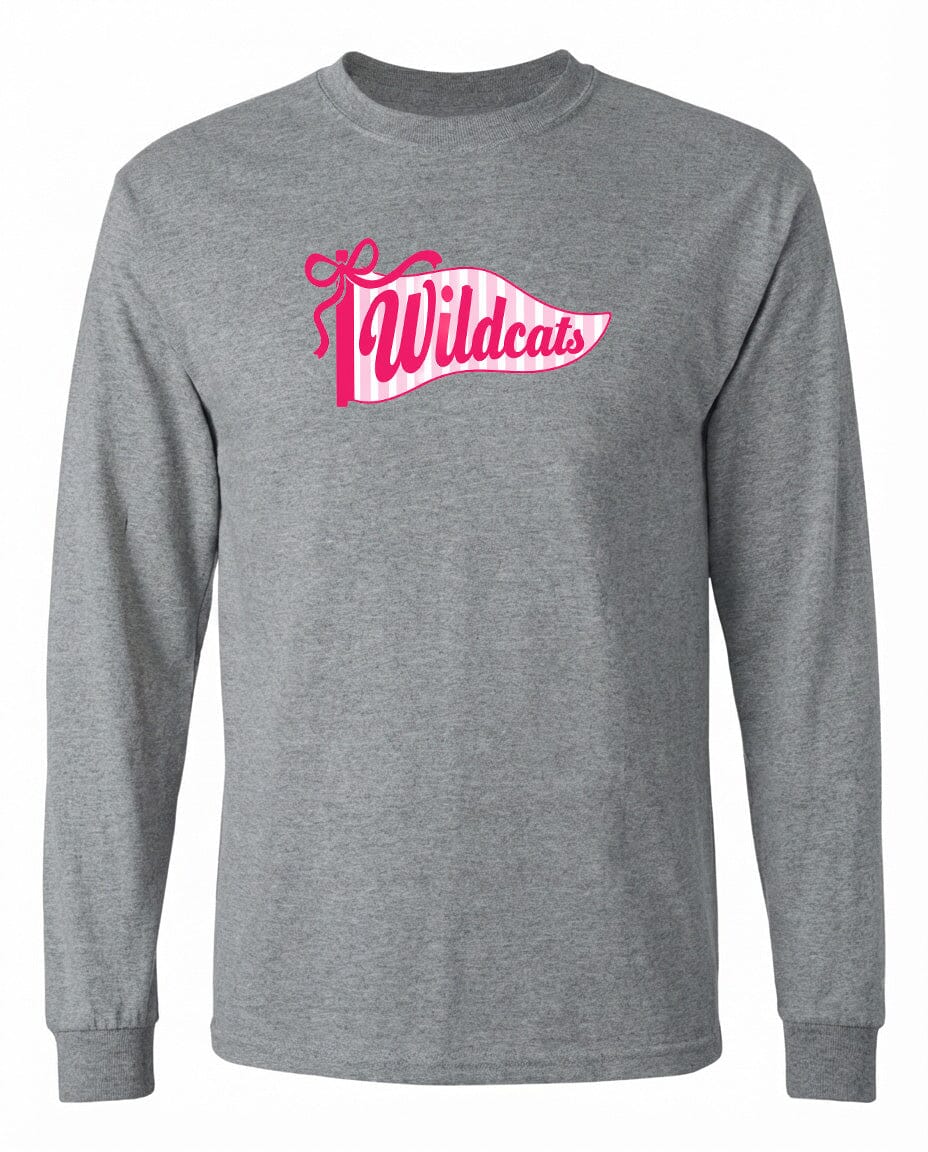 A gray long-sleeved t-shirt with a pink and white graphic design featuring the word "Wildcats" on it.