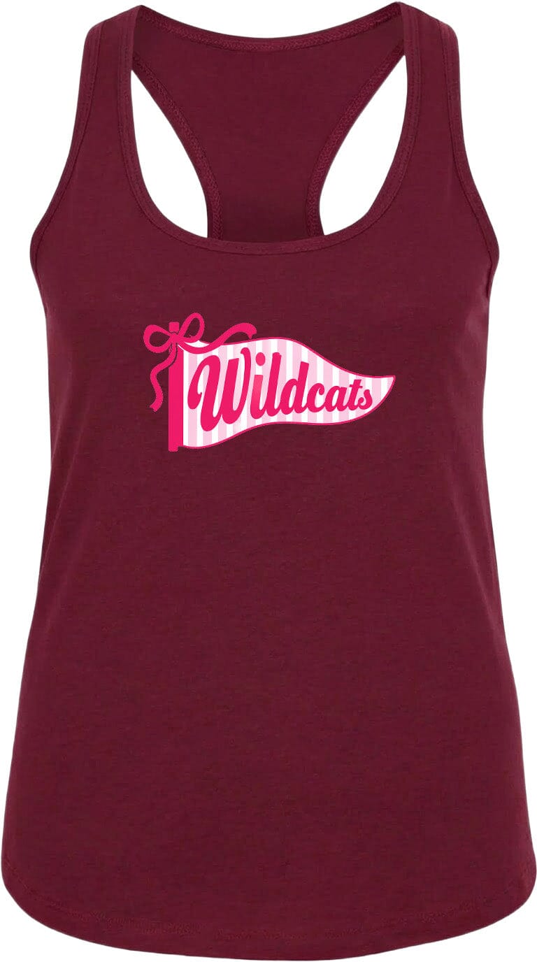 A burgundy tank top with a graphic design featuring the text "Wildcats" and a banner-like shape with a ribbon.