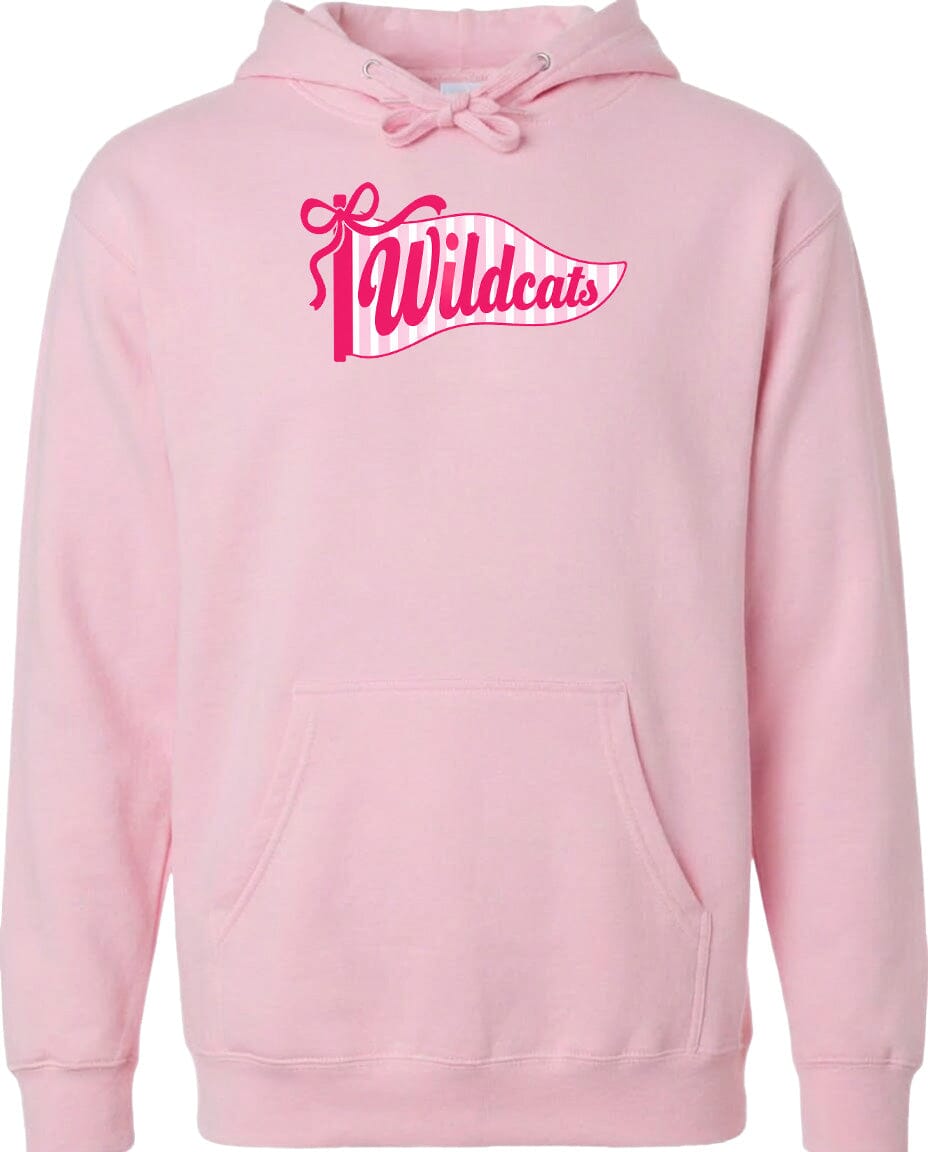 A pink hoodie with a graphic design featuring the word "Wildcats" in pink and white.