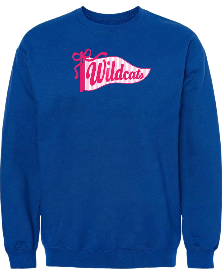 A blue sweatshirt with a pink and white banner that says "Wildcats".
