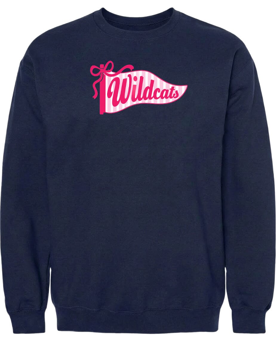 A navy blue sweatshirt with a pink and white banner design that says "Wildcats".