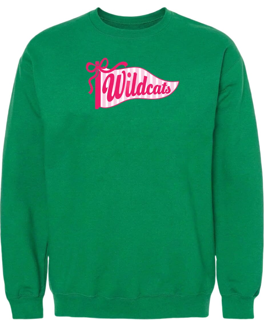 A bright green sweatshirt with a pink and white banner that says "Wildcats" on it.