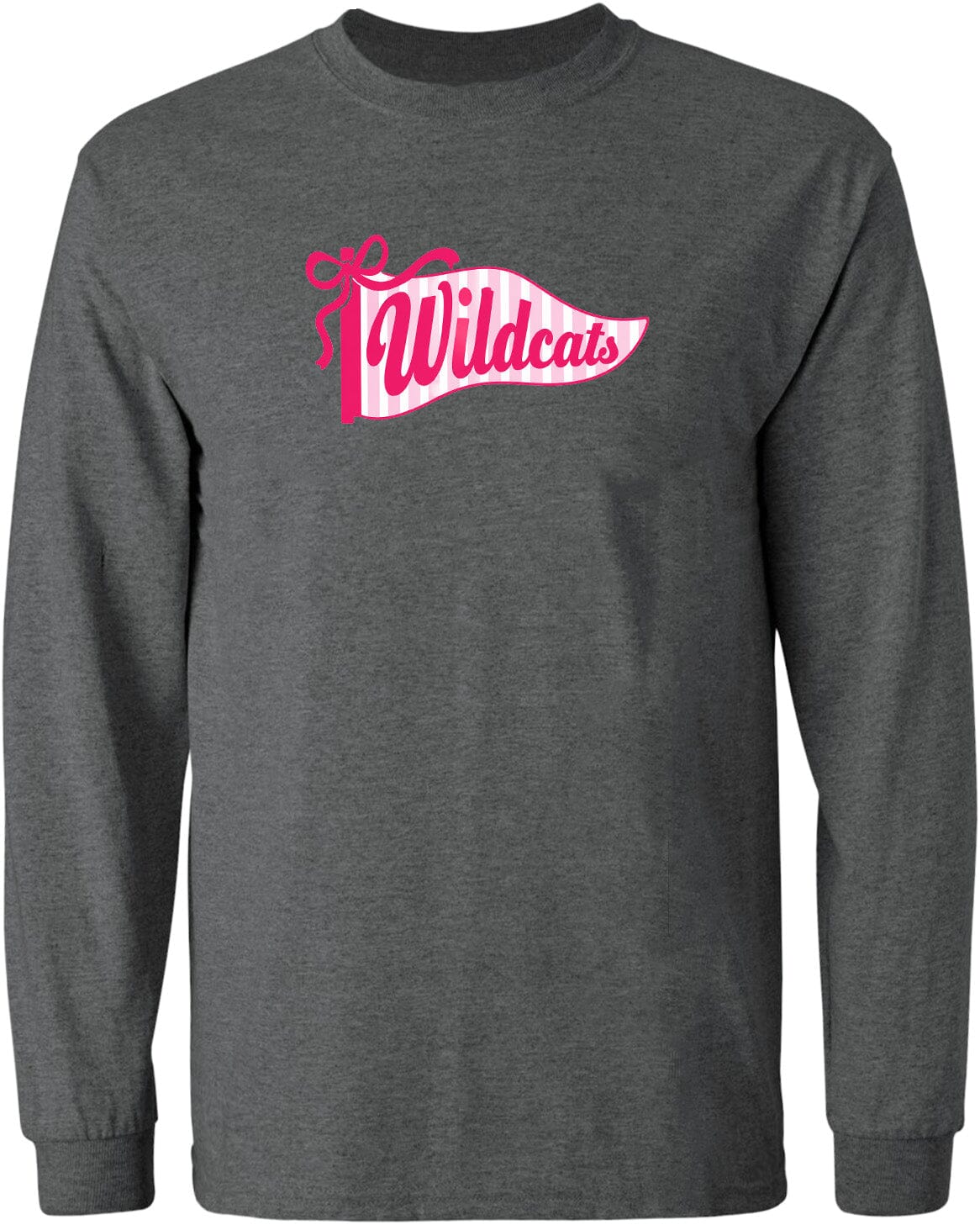 A gray long-sleeved t-shirt with a pink and white graphic design featuring the word "Wildcats" on it.