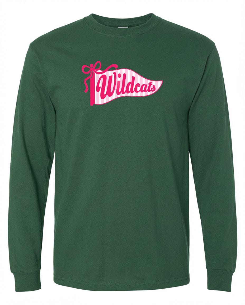 A long-sleeved green t-shirt with a pink and white banner design featuring the word "Wildcats" printed on it.