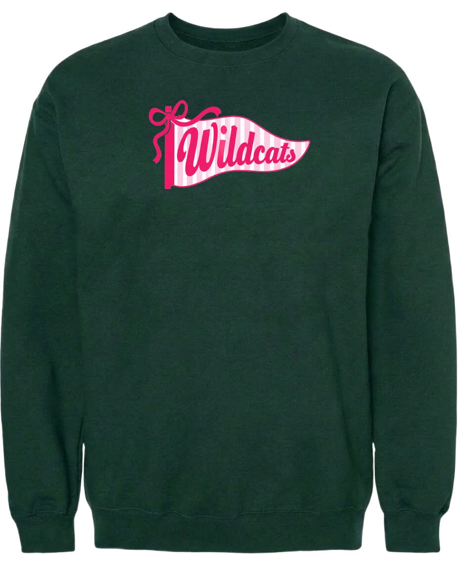 A dark green sweatshirt with a pink and white banner design that says "Wildcats".