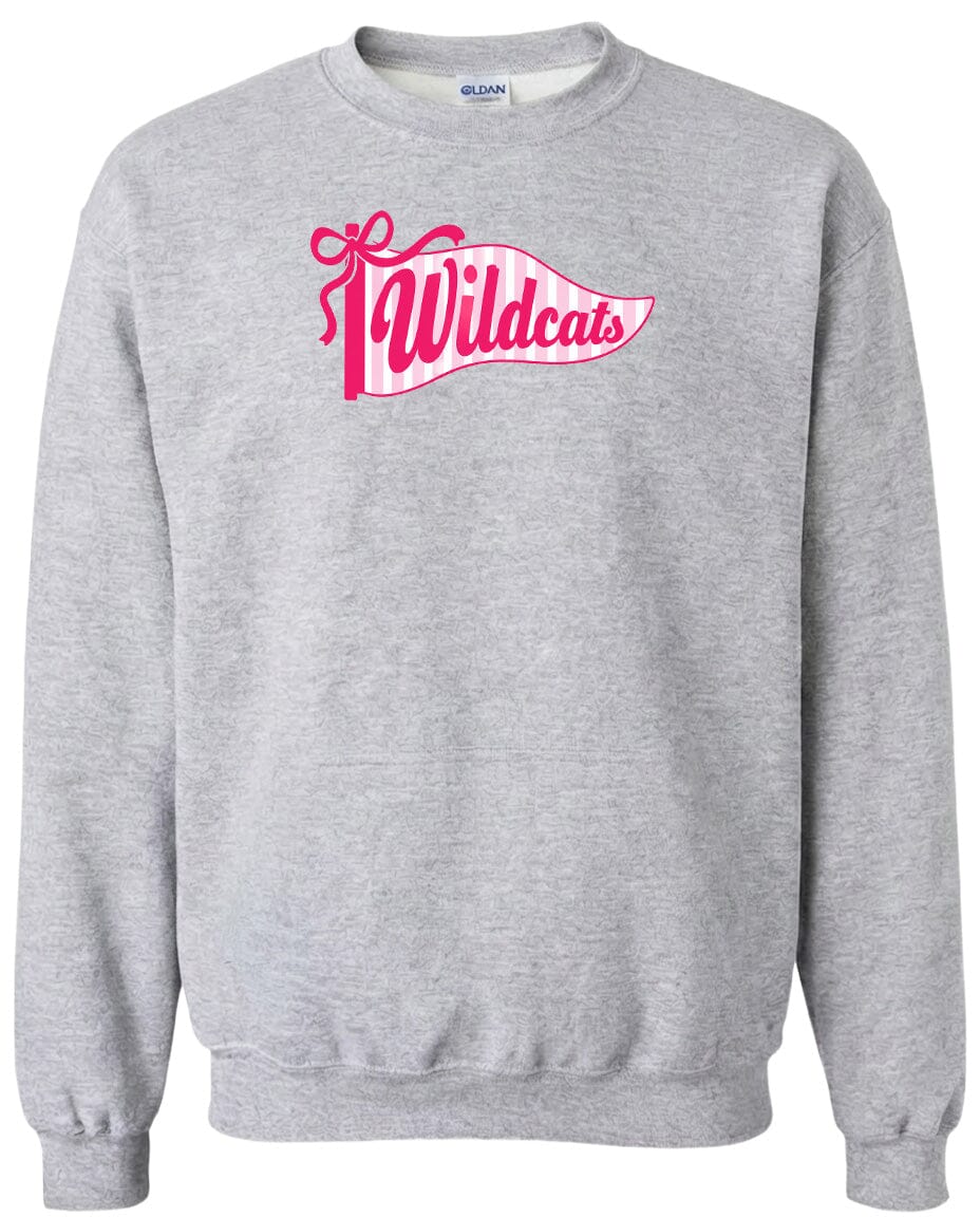 A gray sweatshirt with a pink and white banner design featuring the word "Wildcats" on it.