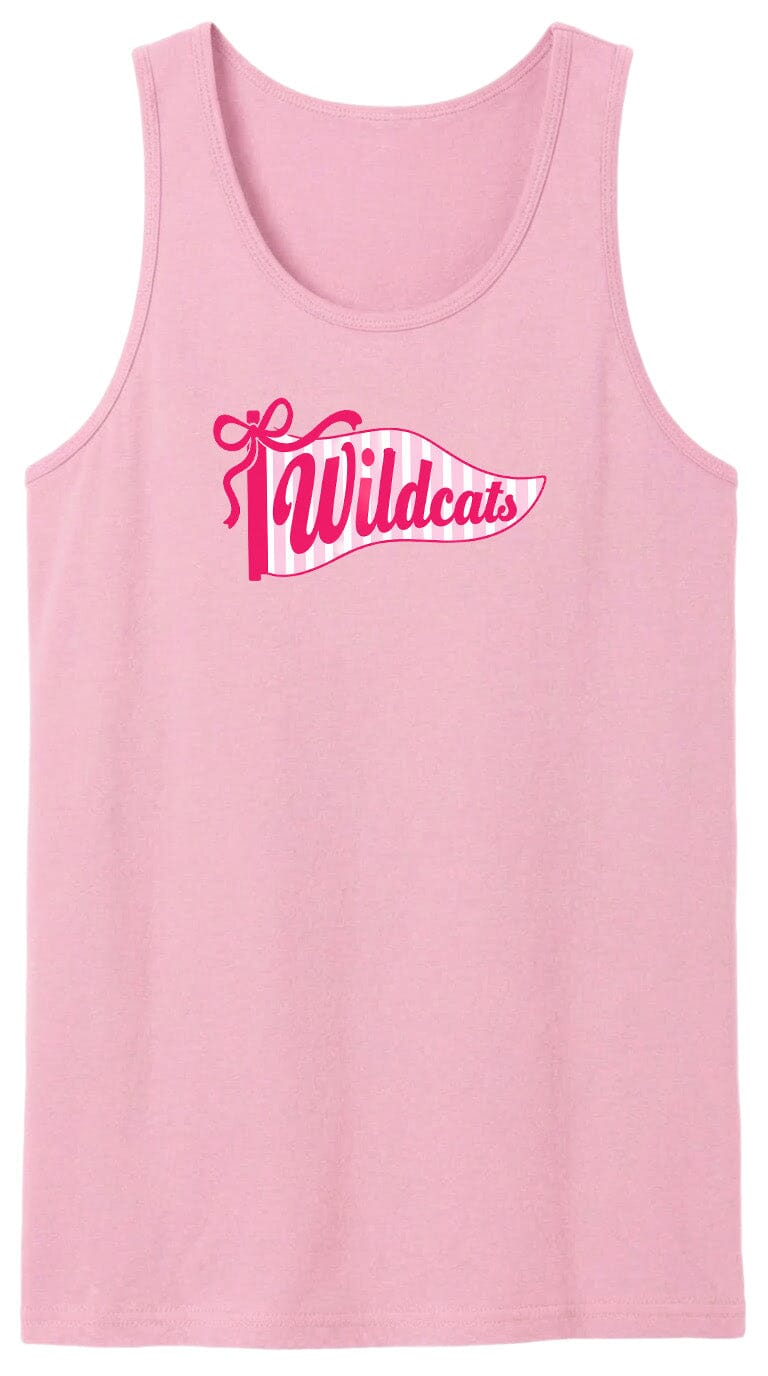 A pink tank top with a graphic design featuring the text "Wildcats" and a banner-like shape.
