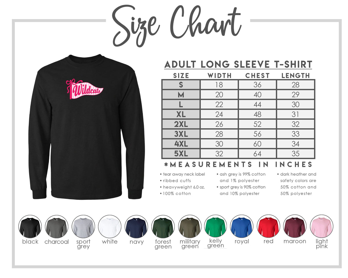 The image is a size chart for an adult long sleeve t-shirt, providing measurements and corresponding shirt colors.