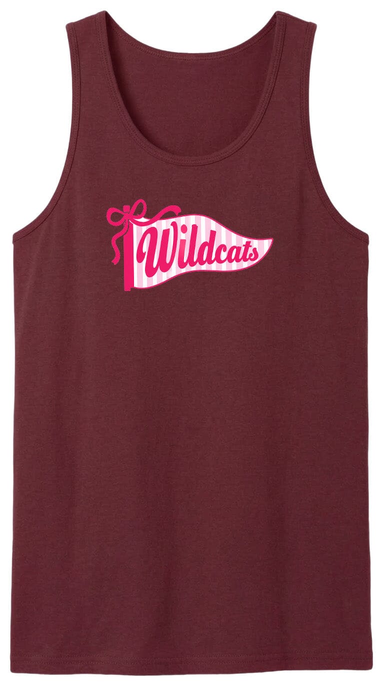 A burgundy tank top with a pink banner that says "Wildcats" on it.
