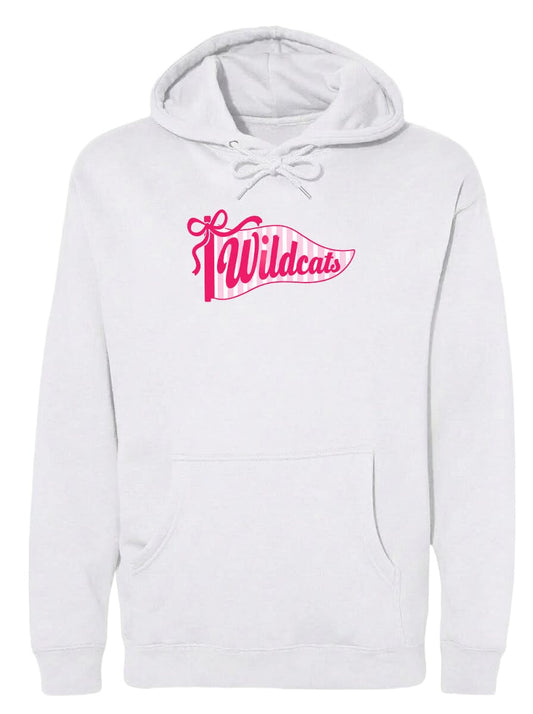 A white hoodie with a pink and white graphic design featuring the word "Wildcats" on the front.