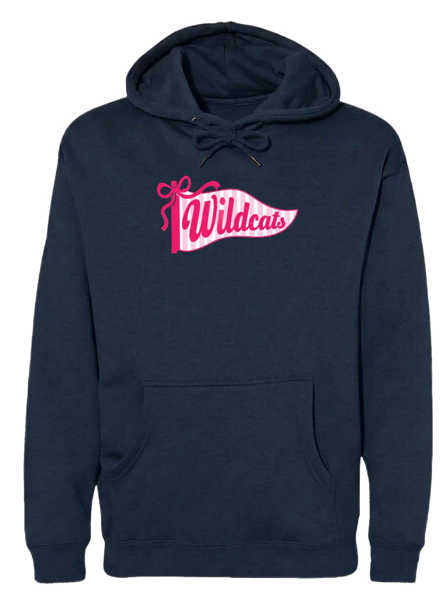 A navy blue hoodie with a pink banner that says "Wildcats" on it.