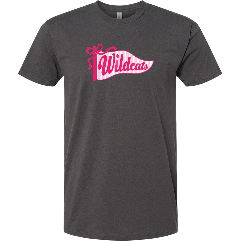 A gray t-shirt with a pink and white graphic design featuring the word "Wildcats" in a stylized font.