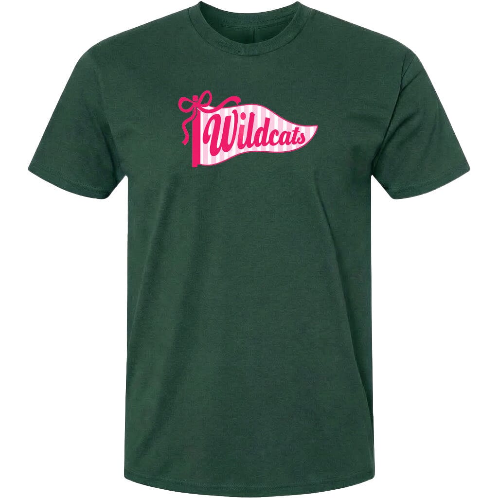 A dark green t-shirt with a graphic design featuring a banner with the word "Wildcats" in pink and white colors.