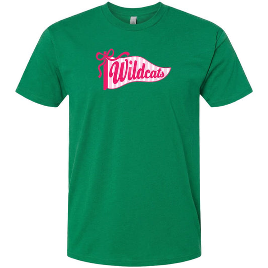 A green t-shirt with a pink and white banner that says "Wildcats".