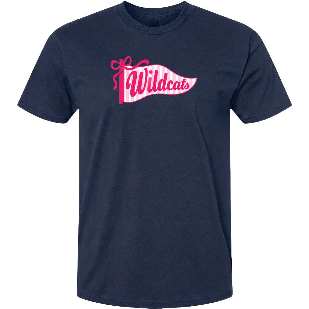 A navy blue t-shirt with a pink and white graphic design featuring the word "Wildcats" in a stylized font.