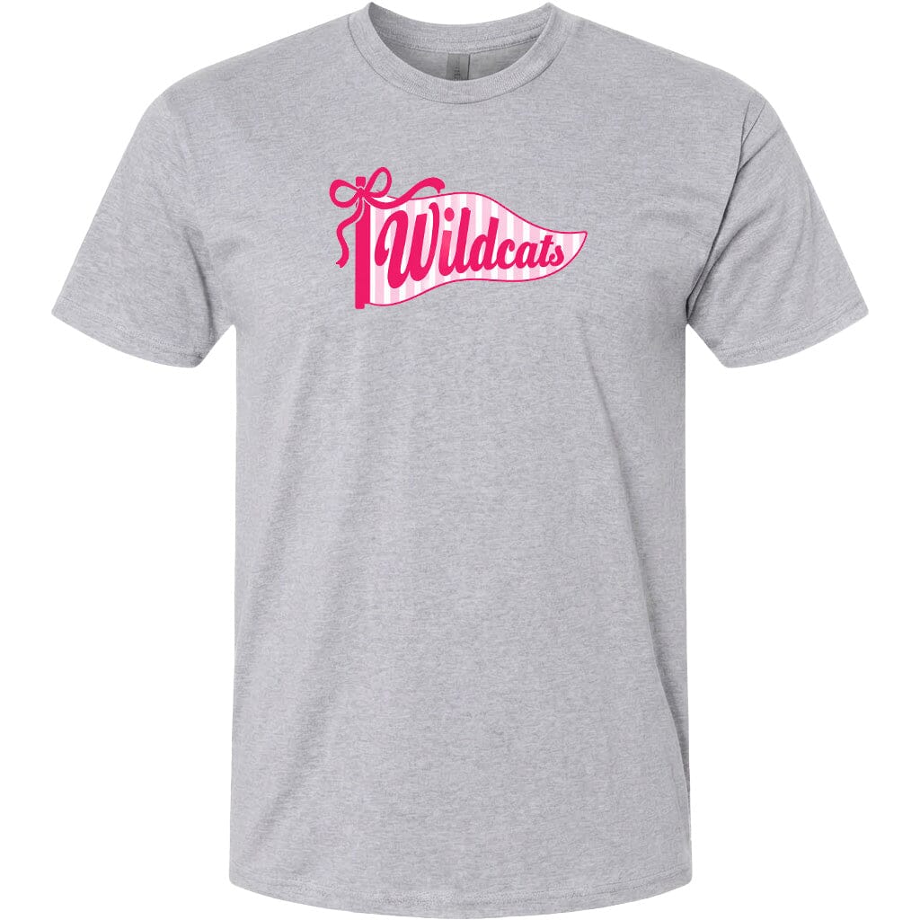 A gray t-shirt with a pink and white graphic design featuring the word "Wildcats" in a stylized font.