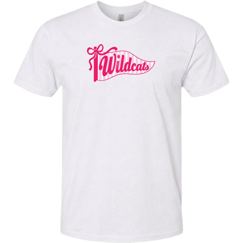 A white t-shirt with a pink and white graphic design featuring the text "Wildcats" and a ribbon-like shape.