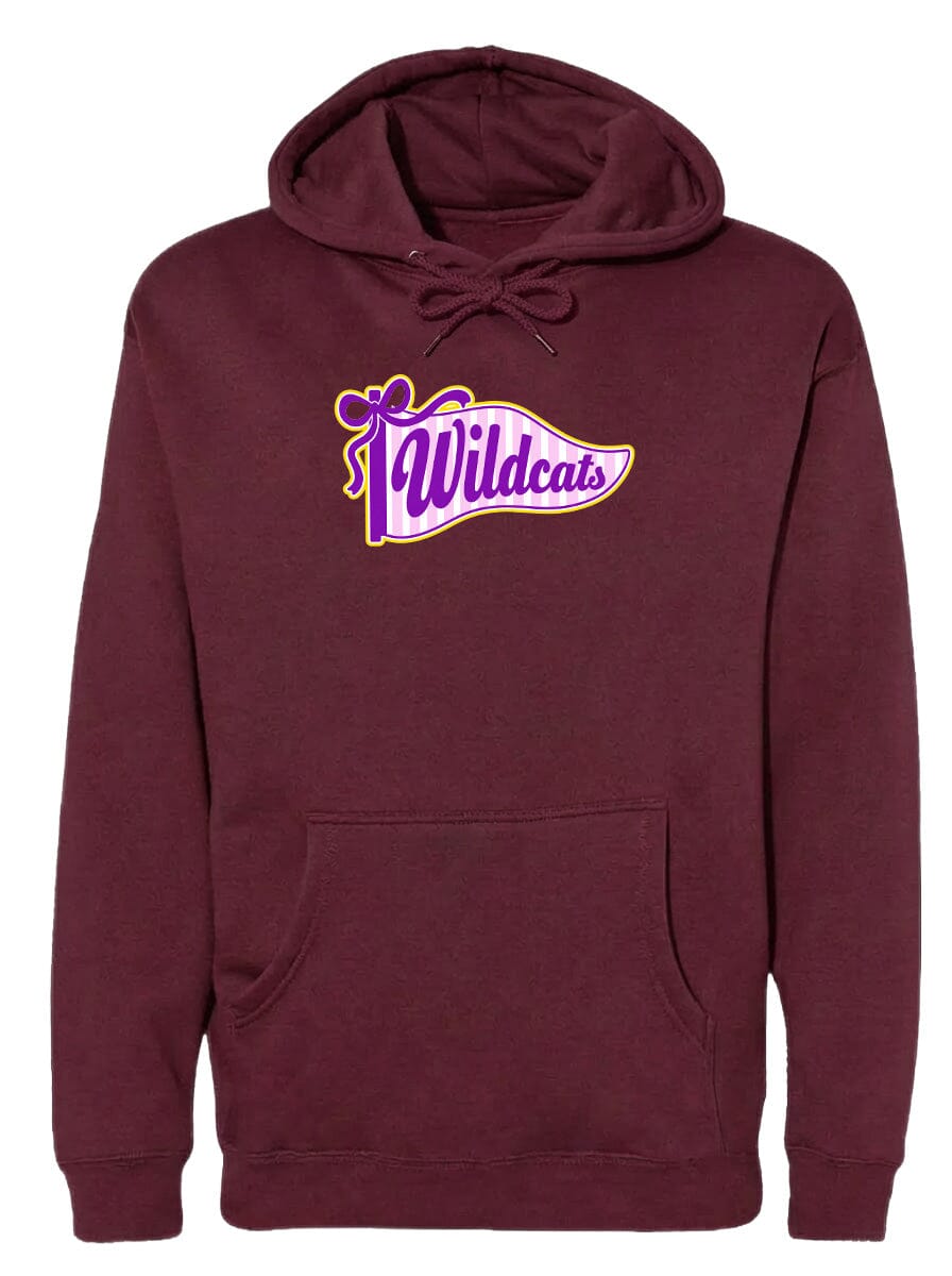 A burgundy hoodie with a graphic design featuring the text "Wildcats" in purple and yellow colors.