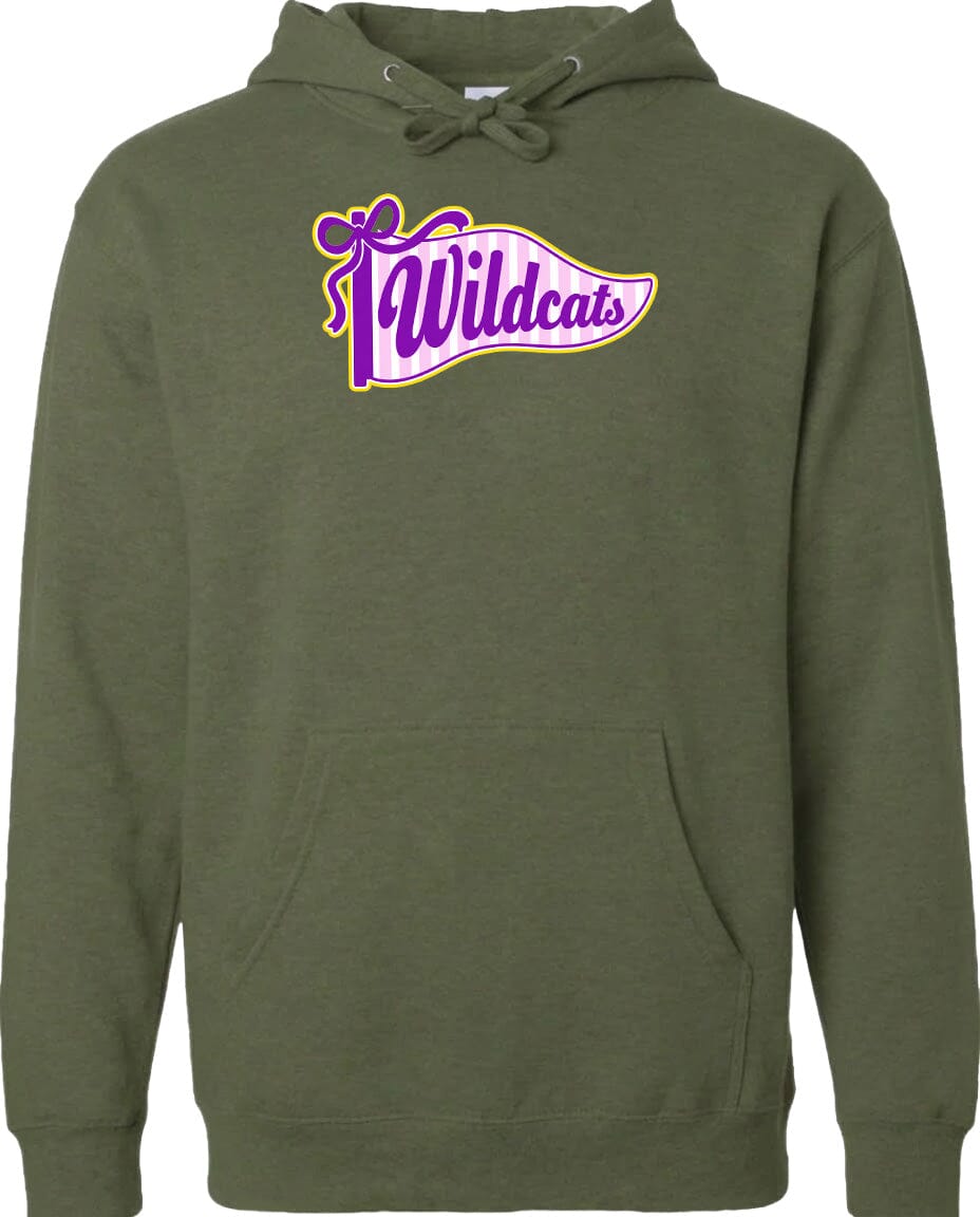 A green hoodie with a purple and yellow banner that says "Wildcats" on it.