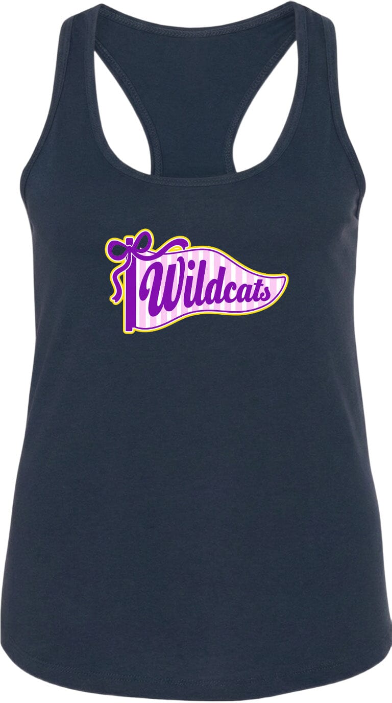 A navy blue tank top with a graphic design featuring the text "Wildcats" and a banner-like shape with a purple ribbon.