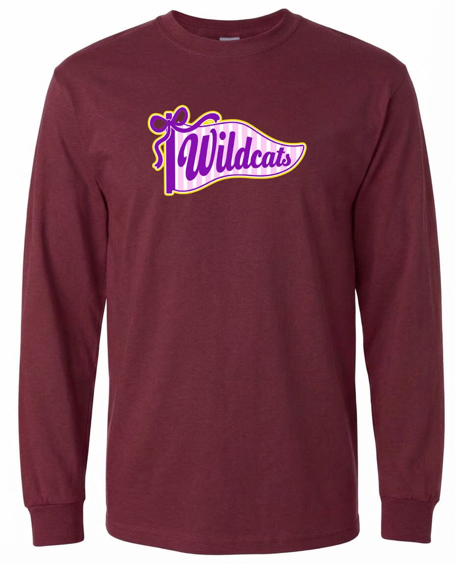 A burgundy long-sleeved t-shirt with a graphic design featuring the word "Wildcats" in purple and yellow colors.