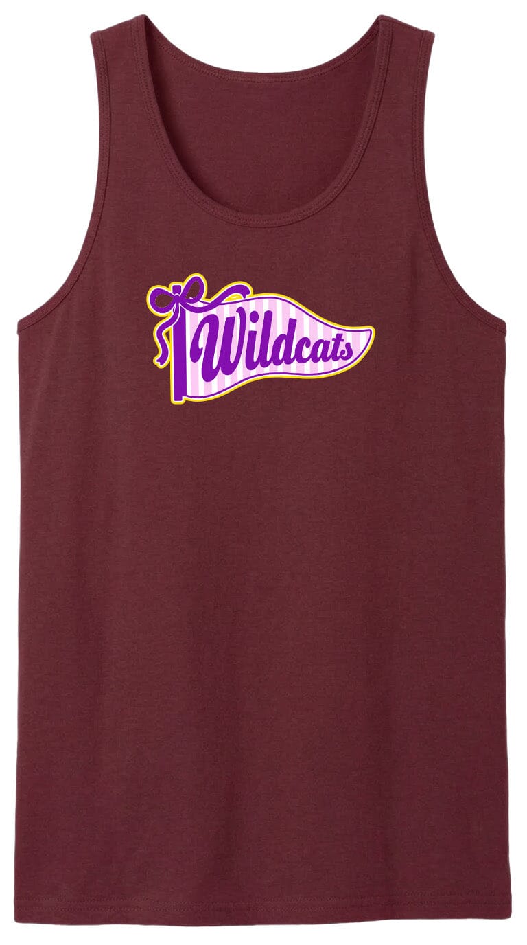 A burgundy tank top with a graphic design featuring the text "Wildcats" in purple and yellow colors.