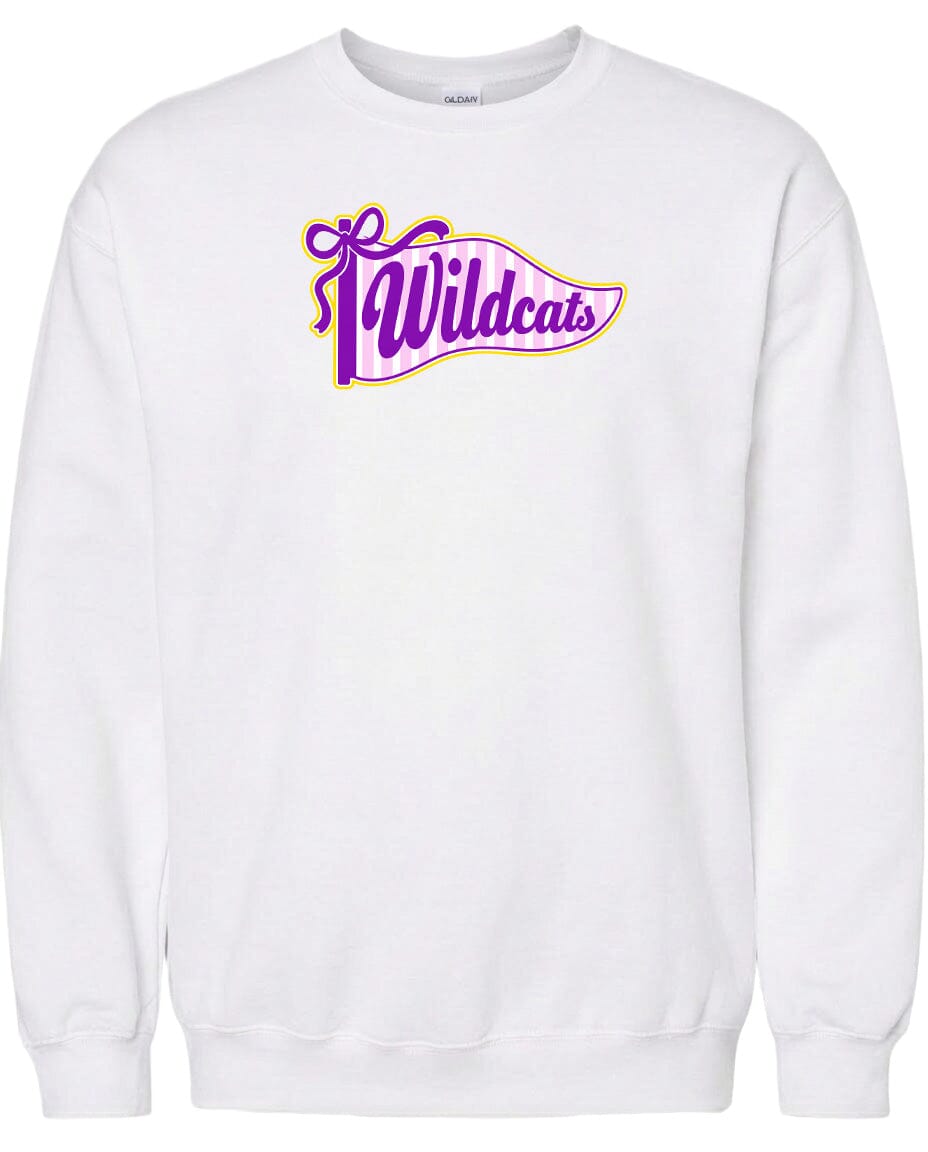 A white sweatshirt with a graphic design featuring the word "Wildcats" in purple and yellow colors.