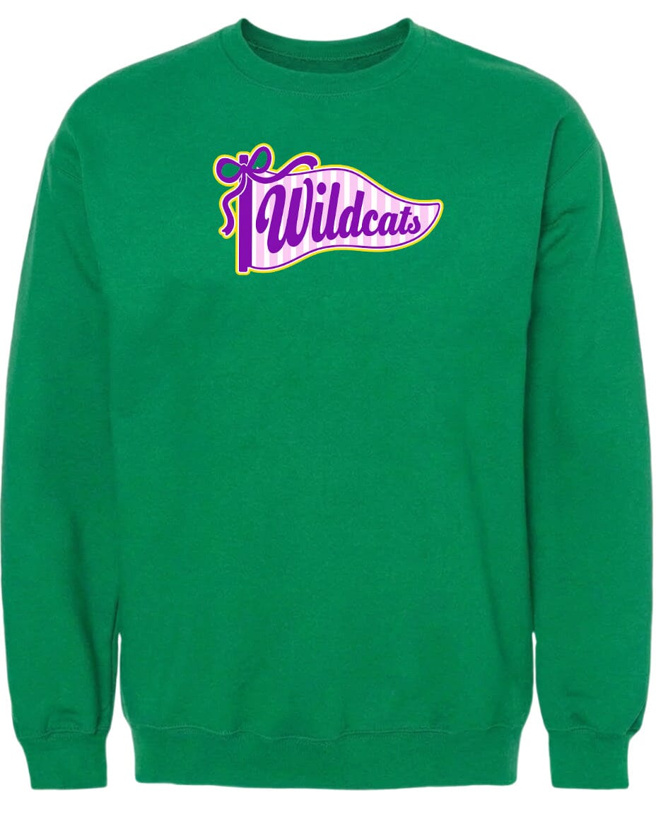 A green sweatshirt with a purple and pink banner that says "Wildcats" on it.