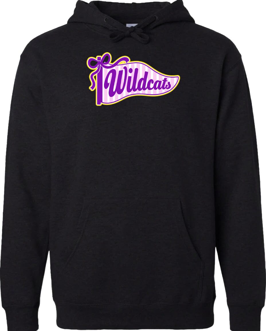 A black hoodie with a purple and yellow graphic design on the front, featuring the word "Wildcats" in a stylized font.