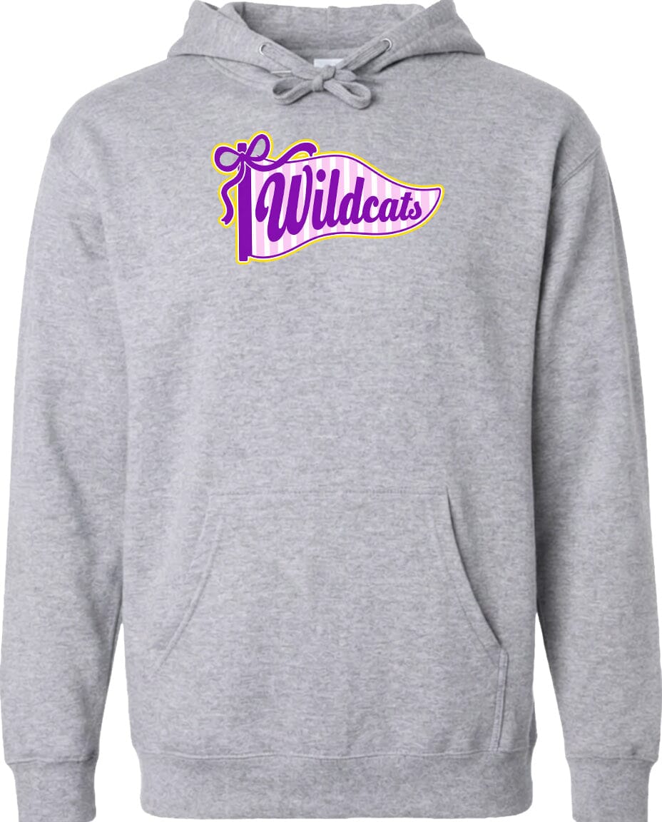 A grey hoodie with a graphic design featuring the word "Wildcats" in purple and yellow colors.