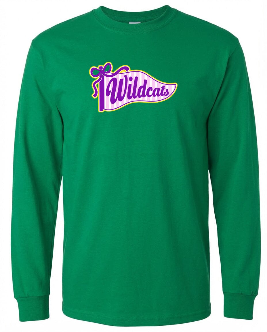 A long-sleeved green t-shirt with a purple and yellow graphic design on the front.